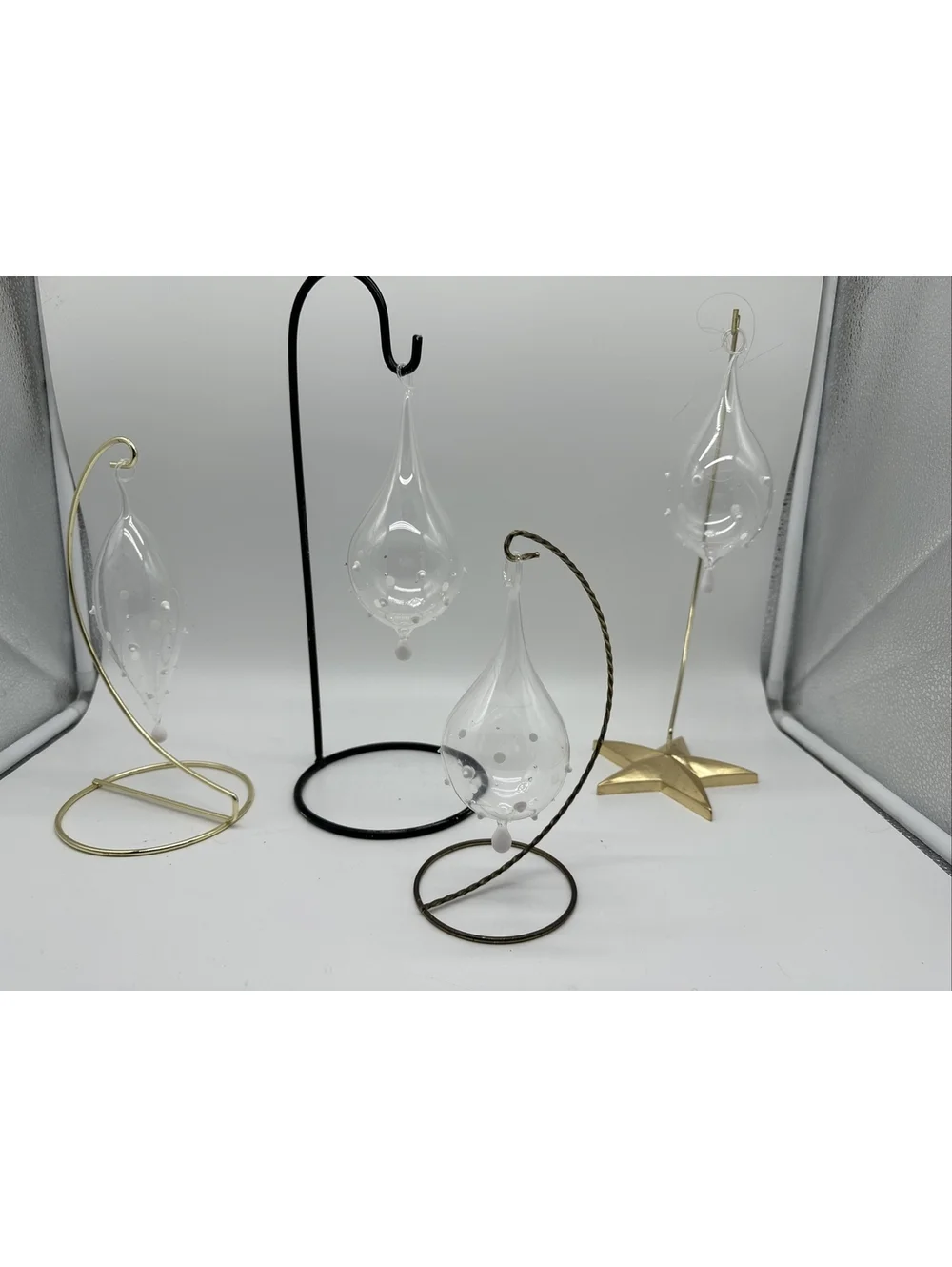 4 vintage Hand Blown, teardrop,  Christmas ornaments,Clear glass With White Dots
